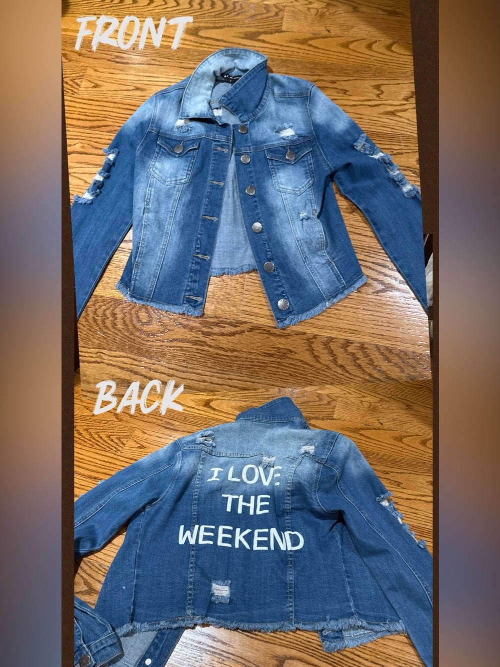 VIP Distressed Blue Denim Jacket with 'I LOVE THE WEEKEND' Back Graphic